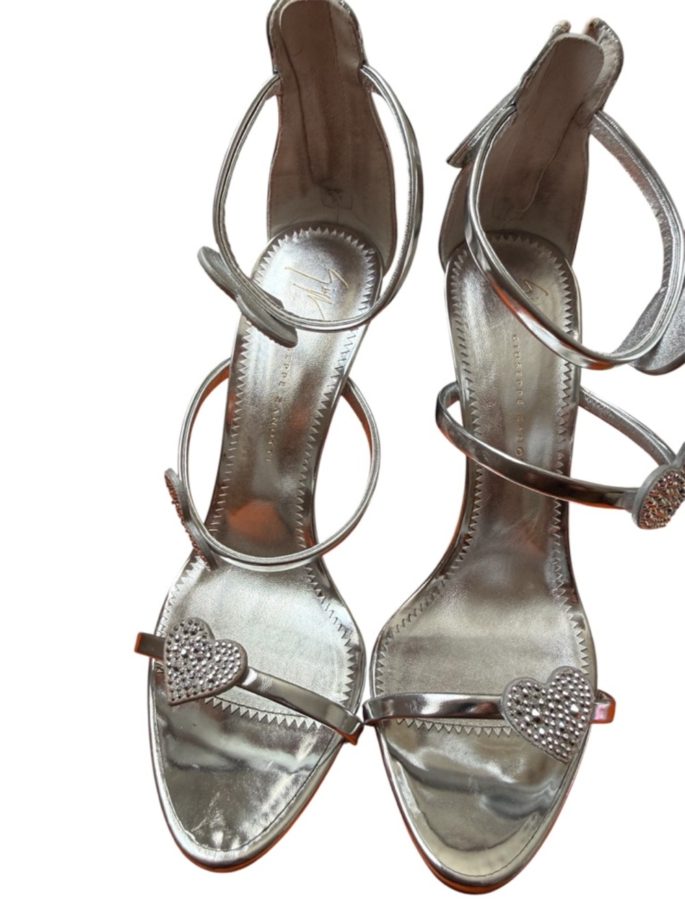 Giuseppe Zanotti Silver Crystal Heart Strappy Heels